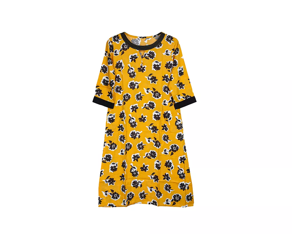 Yellow Printed Linen Kurti-38